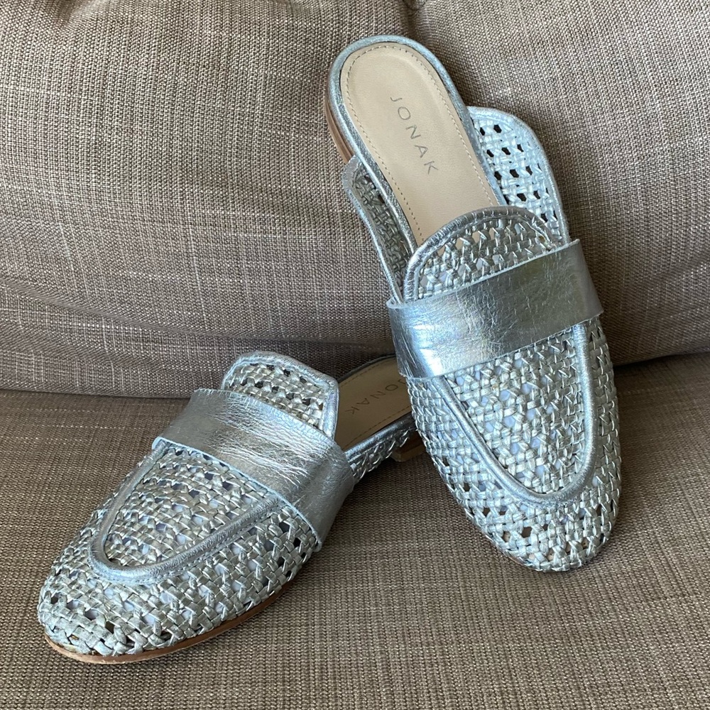 JONAK metallic SILVER woven MULES SIZE 38